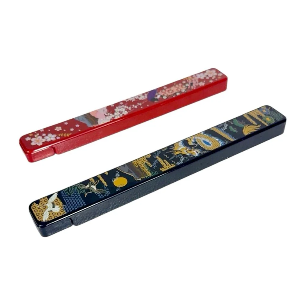Japanese Travel Chopsticks 2 Pair Cases Dragon Geisha Cranes Sakura Red Black